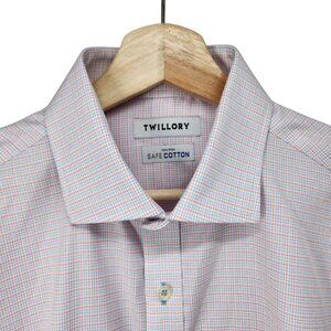Twillory Mens Slim Fit Long Sleeve Button-Up Shirt Safe Cotton Pink & Blue Plaid